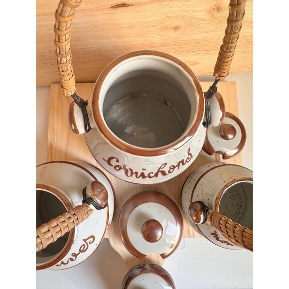 Vintage French condiments labeled pots with lids and rattan handles. - Picture 6 of 7